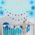 Happy Birthday Blue Banner with Shiny Gold Letters White Paper Bunting Garland Photo Booth Backdrop Hanging Cardstock Party Decorations. 