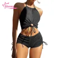 Muses Mall Summer Bikini Outfit Hollow Out Halter Bikini Set with High Waist Drawstring Trunks Women's Beachwear Set for Summer Fun 2pcs/set. 