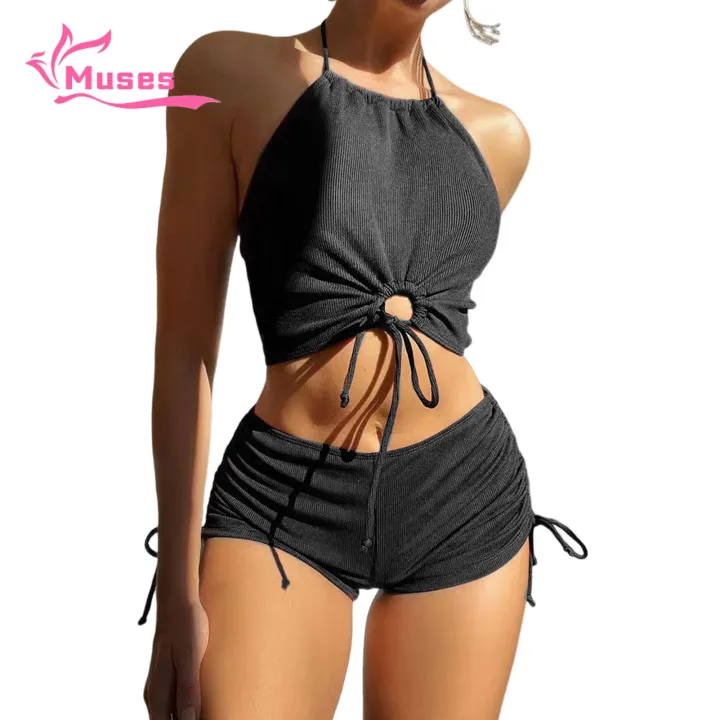 Muses Mall Summer Bikini Outfit Hollow Out Halter Bikini Set with High Waist Drawstring Trunks Women's Beachwear Set for Summer Fun 2pcs/set