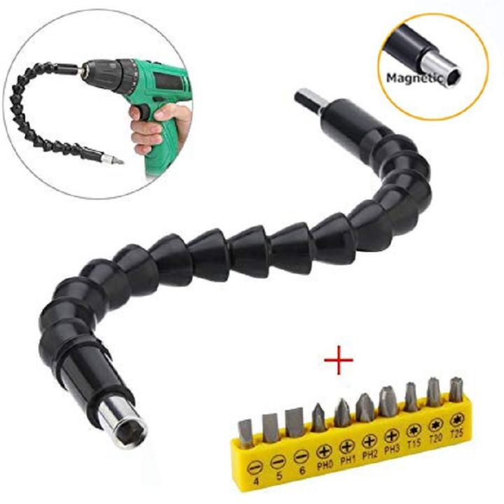 Flexible Extension Soft Shaft with Screw Drill Bit Holder with 10pcs Drill Bit Sets Magnetic Quick Connect Drive Shaft