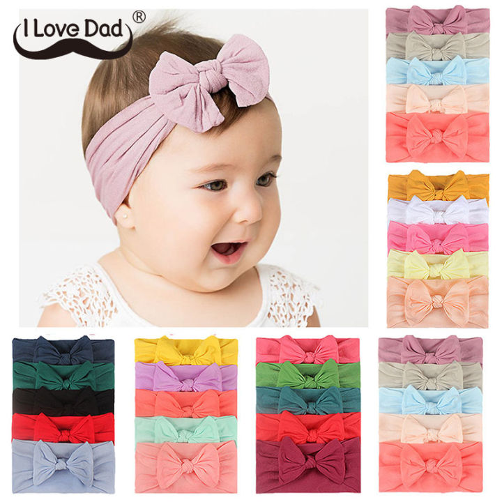 5 Pcs/Set Baby Girl Headband Bows Elastic Hair Band Solid Color Kids Turban Hair Accessories