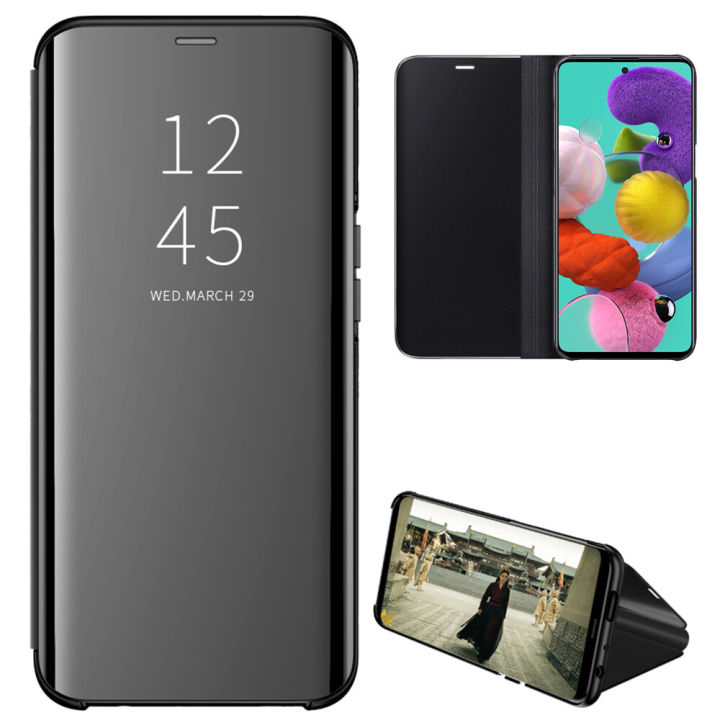 lthmy for Samsung Galaxy A51 Mirror Plating Hard PC PU Leather Semi transparent Standing View Case Cover