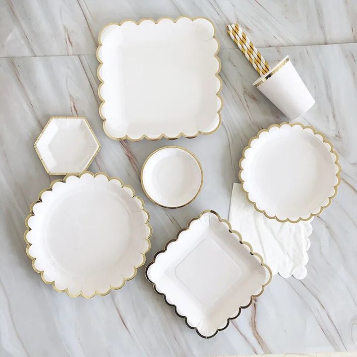 paper plates Gold White Disposable Tableware Paper Plate Straws Cup 1st Birthday Party Wedding Decor Kids Baby Shower Party SuppliesParty Tableware