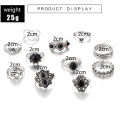 10 Style Black Opal Stone Crown Flower Elephant Crescent Ring Set for Women Metal Jewelry Accessories. 