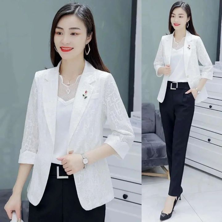 Stitching Lace Small Suit Jacket Thin 2024 Spring and Summer Fashion Korean Slim Fit Slimming Temperament Office Wear Suit