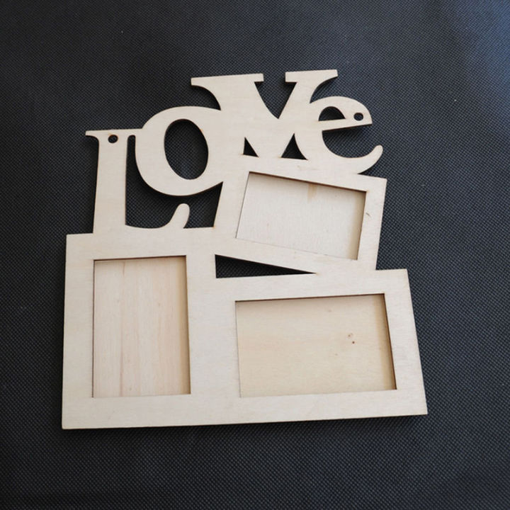 Wooden Hollow Love Photo Frame for 3 Pictures DIY Home Decor with String - Burlywood