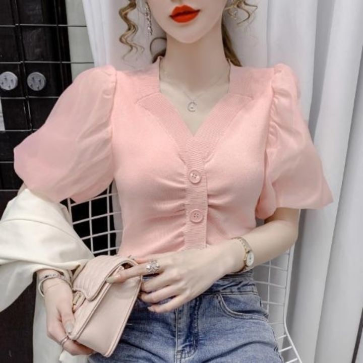 %E3%80%90Free%20Returns%E3%80%91%20Blouse%20Women%20Solid%20V-neck%20Chiffon%20Puff%20Sleeve%20Ladies%20Knitted%20Shirts%20Summer%20New%20Thin%20Korean%20Style%20Plus%20Size%20Female%20Tops%20-%20Image%207