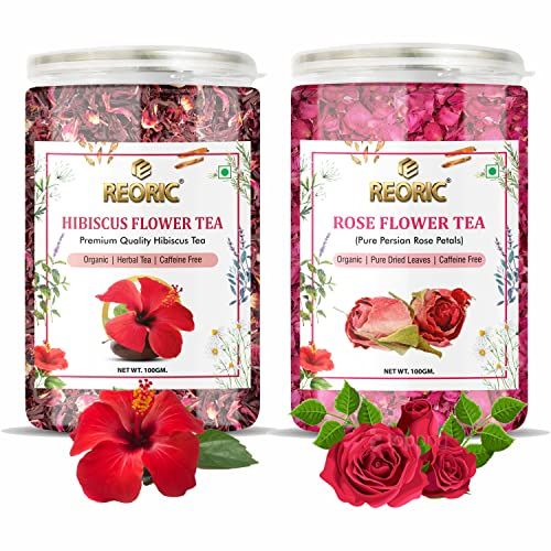REORIC Organic Herbal Tea Combo Pack - Hibiscus Flower Tea(100g) + Rose Flower Tea(100g) | Caffeine Free| Premium Tea| Hibiscus Tea Leaves | Iced Tea| Improve Digestion| Rose Tea (FROM INDIA)SAB