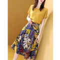 Yfashion 2 Pcs Women Skirt Suit Round Neck Short Sleeve T-shirt High Waist Floral Skirt Leisure Clothing Set color. 