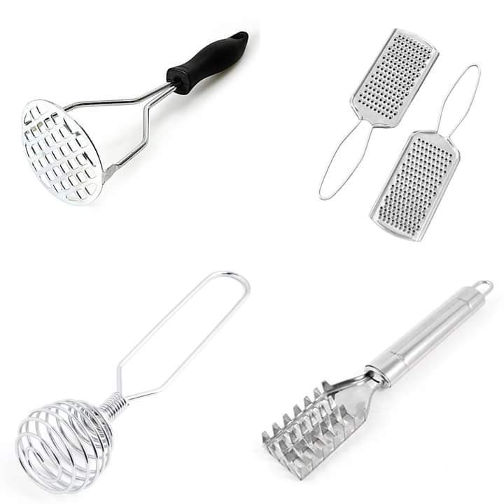 04 Pcs kitchen tools set Combo Pack (Potato Masher /Garlic ,Ginger, Cheese Grater/Egg Beater/Fish scale remover)