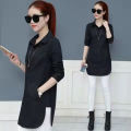 Yfashion Women Cotton Shirt Solid Color Lapel Long Sleeve Slim Fit Top Mid-length Cardigan T-shirt color. 