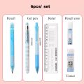 6pcsset Student Exam Stationery Set, 2pcs Black Ink Gel Pen, 1pc Drawing Ruler, 1pc Pencil + 1pc Pencil Refill + 1pc Eraser, Lea. 