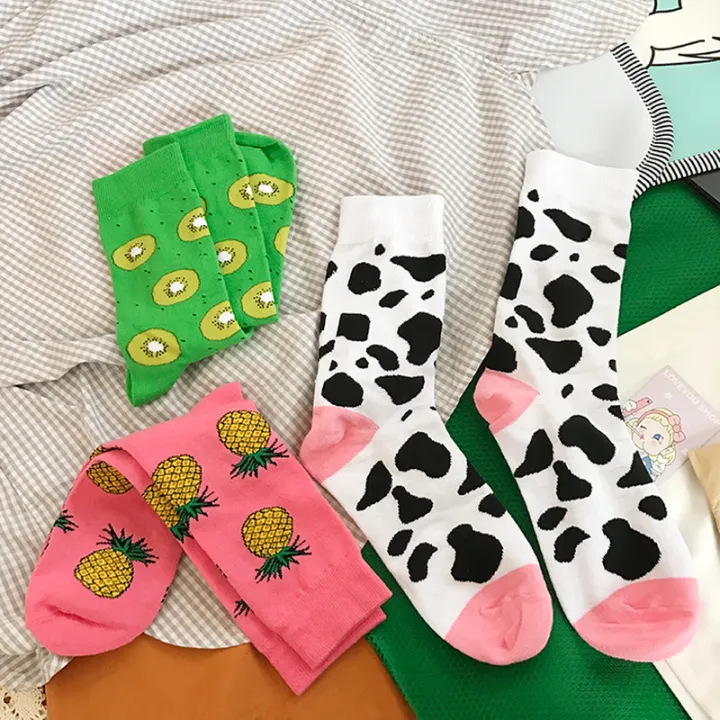 Cute Fruit Pattern Crew Women Cute Kiwi Cow Pineappl Happy Funny Green Pink White Gift Yellow Japanese