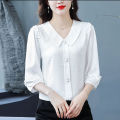Yfashion Fashion Chiffon Tops For Women Cotton Summer Three-quarter Sleeves Doll Collar Shirt Elegant Solid Color Pullover Blouse. 