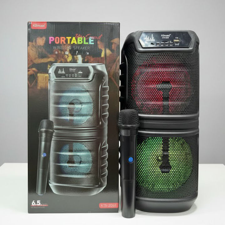 KTS-2060 6.5" x 2 Portable Wireless Bluetooth Speaker with Led Light RGB Support Mic, FM, AUX, USB, SD Card Karaoke Speaker Partybox with Wireless Mic Buffel Subwoofer with FM Mic Music Player Party Box  KTS Speaker KTS 2060