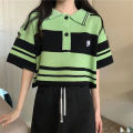 New Fashion Outfit Women's Summer Korean Style Loose Salt Wear StripedPoloCollar Top Wide Leg Pants Two-Piece Set. 