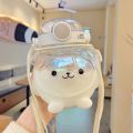1000 ML Summer Cute Chubby Water Bottles For Girls Kids School Milk Bubble Tea Double Drink Plastic Bottle With Straw Strap Cups. 