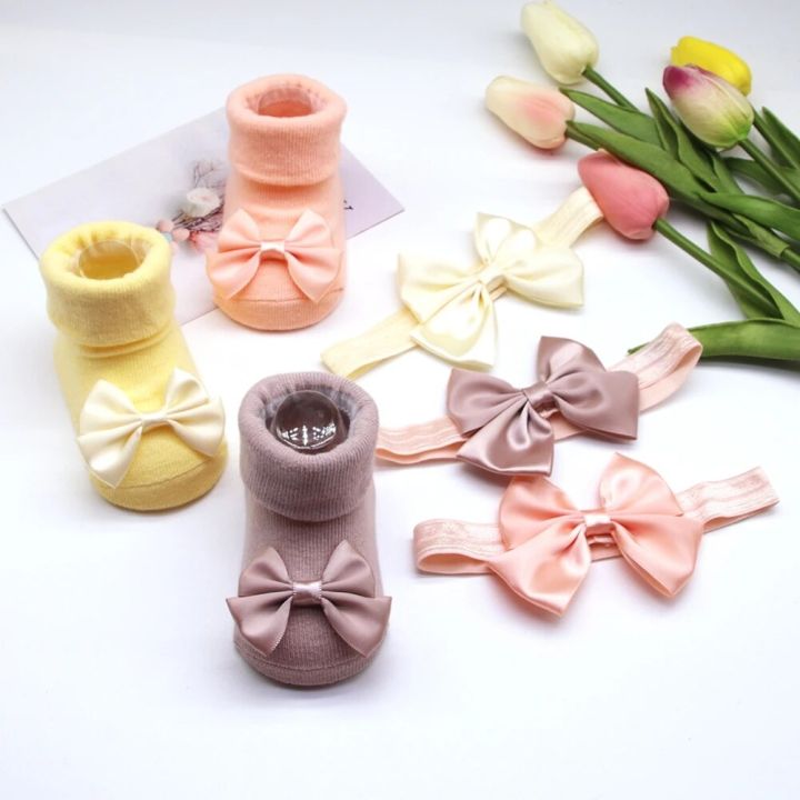 socks baby Fashion Baby Girls Headband + Socks Set 0-12 Months Cute Toddler Princess Socks Autumn Infant Bowknot Socks Elastic Hair Bands