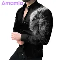 Comfo ble Fabric Shirt Men's 3d Animal Print Stand Collar Business Shirt Slim Fit Breathable Mid Length Top Men Shirt. 