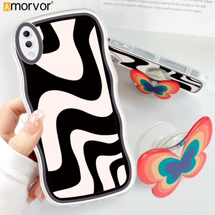 AMORVOR for Vivo Y93 Back Cover (With Free Holder) Multi-color Simple Soft Wavy Phone Case Camera Protection Transparent TPU Soft Cover