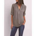 Yfashion Women Chiffon Shirt Solid Color Long Sleeve V-neck Front Zipper Pullover Top Plus Size Loose T-shirt color. 