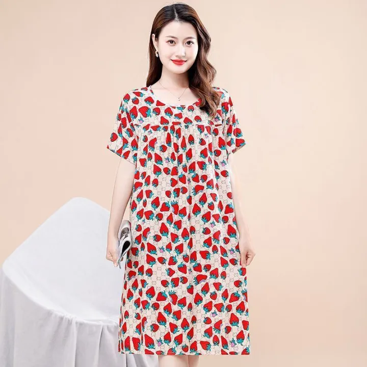 Middle-Aged%20and%20Elderly%20Cotton%20Nightdress%20Women's%20Summer%20Pajamas%20Artificial%20Cotton%20Dress%20Skirt%20Mid-Length%20plus%20Size%20Homewear%20Mom%20-%20Image%207