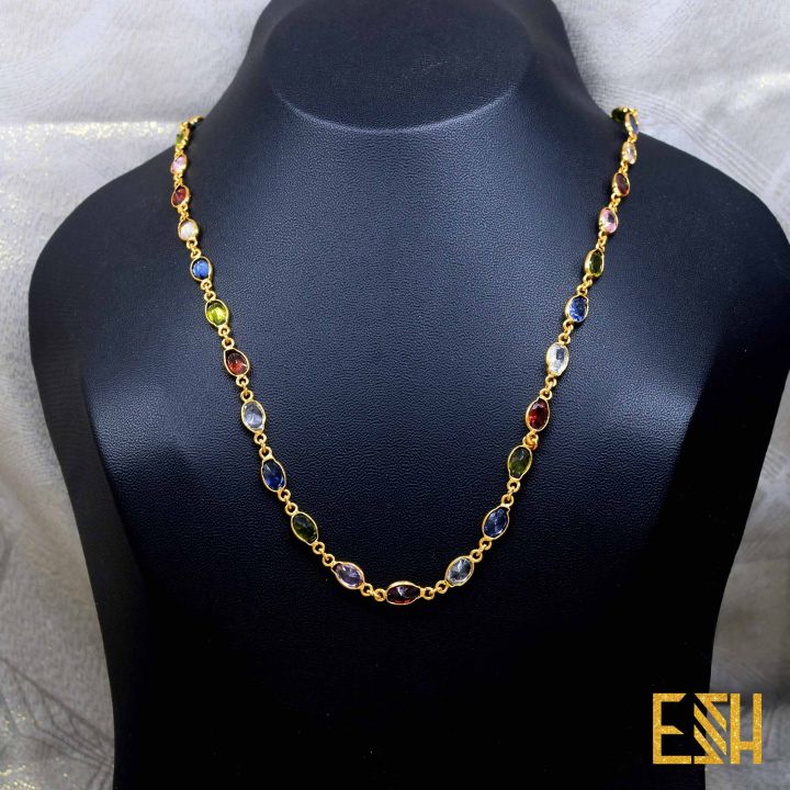 Gold%20plated%20Ladies%2018/24%20Inch%20Chain%20With%20Multi%20Colored%20Oval%20Stone%20chain%20for%20women%20-%20Image%205