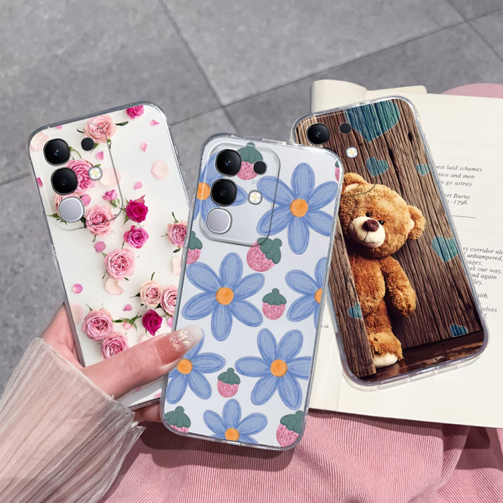 For Vivo Y29 4G Y29S 5G Phone Case Lovely Flowers Bear TPU Transparent Silicone Back Cover For Vivo Y 29 4G Y 2 9 S 5G Funda