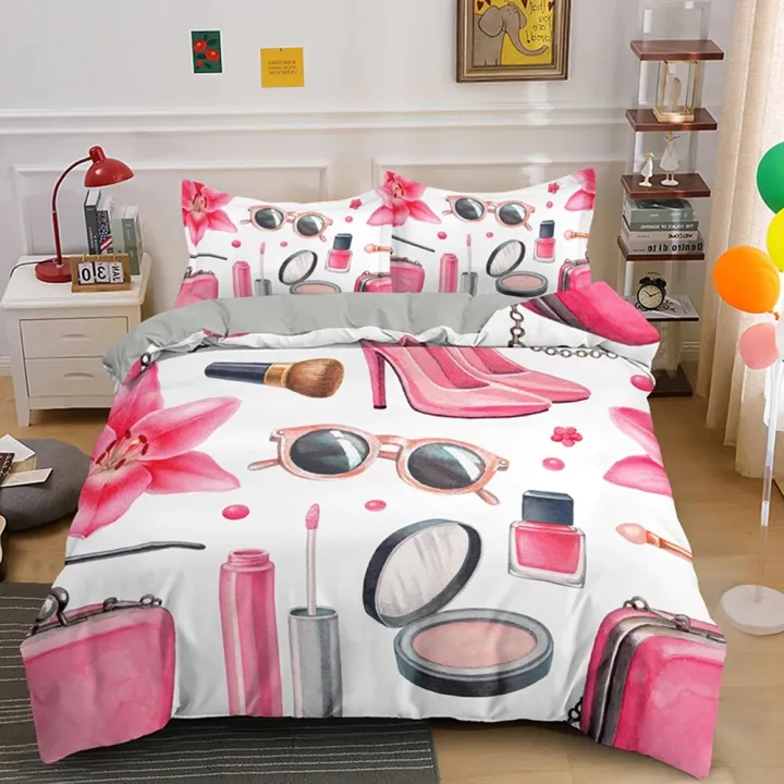 NEW%20Sweety%20Girl%20Cosmetic%20Printing%20Queen%20Duvet%20Cover%20Set%20Lipstick%20Mascara%20King%20Size%20Bedding%20Sets%202/3%20Pcs%20with%20Pillowcase%20Pink%20MakeupShipping%20Bags%20-%20Image%202
