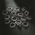 Eancolor  15/PCS Set Retro Silver Open Rings Geometric Black Gemstone Set Rings For Girls. 
