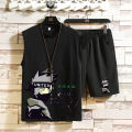 Summer New Sports Vest Men's Fashion Vest Outer WearinsLoose Waistcoat Anime Print SleevelessTT-shirt Set. 