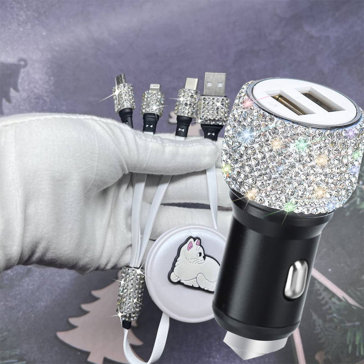 Dual Port Bling Usb Car Charger Crystal Diamond 3a 3-In-1 Fast Charger Cable Socket Multi Port Adapter Flashing Decorative Plug