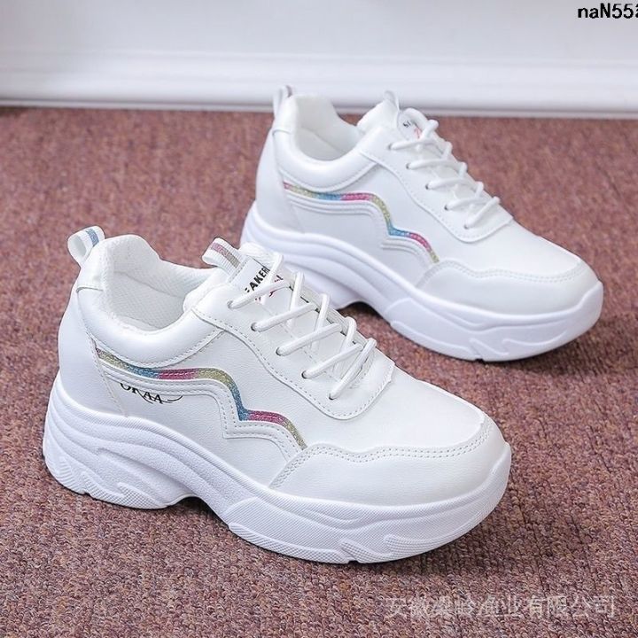 Shoes Thick Bottom Ladies Bra Casual Exercise New Korean Style Versatile Small Spring and Autumn Leather White Shoes 2024 Elevator Shoes Dad —