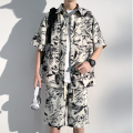 KSUK Ice Silk Fashion Casual Set Men's Summer Fashion Brand Pu Shuai Casual Printed Shirt T-shirt Shory Style Two-Piece Set. 