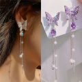 Enacolor   Long Dangle Earrings Exquisite Purple Crystal Pearl Butterfly Drop Earrings for Girls. 