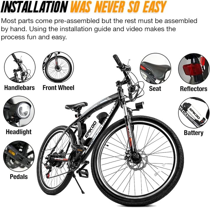 EPIKGO Electric Bike 250W Motor Powered Mountain Bicycle 26" Tire, 20MPH Adult Ebike with P.A.S and 21 Speed-Gear Shifter 36V/8AH Removable Lithium Battery, Black, Standard