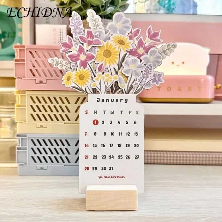 New Year Calendar 2024 Floral Desk Calendar with Wooden Base Monthly Planner for New Year Premium Quality Paper Desktop Decoration Buyers' Favorite