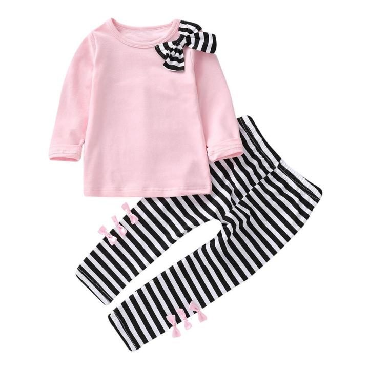 2019%20Toddler%20Girl%20Kids%20Clothes%20Long%20Sleeve%20Bow%20T-shirt+Stripe%20Pants%20Outfits%20Set%20-%20Image%203