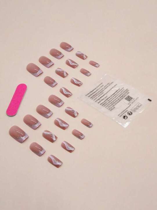 NEW The 24-Piece Square Elegant Striped Glitter Fingernail Set Is Suitable For Daily Wear By Students And Office Workers Press On Nails
