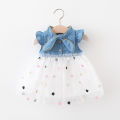 Star Embroidery Denim Gauze Splice Infant Dress Summer New Girls' Baby Little Flying Sleeve Dress Fashion Girl Children'S Clothing (0-3 Years Old). 