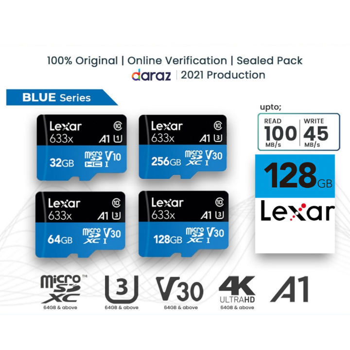Lexar%20128GB%20Genuine%20Class%2010%20microSD%20633x%20(100MB/s)%20U1%20UHS-I%20A1%20memory%20card%20for%20your%20Mobile,%20Drone,%20Action%20Camera%20128%20GB%20Micro%20Chip%20SD%20Card%20-%20Image%203