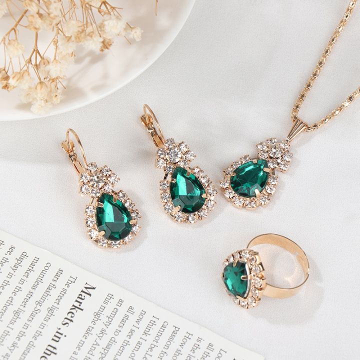 Luxury Original 18k gold earrings Gold Plated Jewelry Sets Fashion Women Bridal Water Drop Green Stone Necklace Earrings Sets