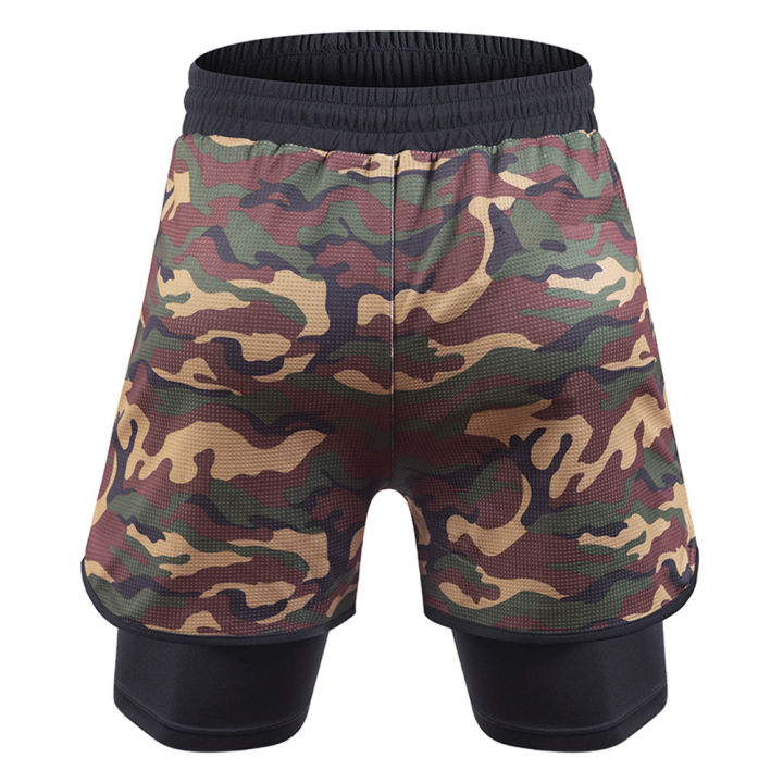 Men's 2 in 1 Training Shorts Quick-Dry Camouflage Pockets Basketball Running Shorts Gym Fitness Pants