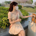 Women's Floral Dress Summer New French Style Gentle First Love Milk Sweet Chic Puff Sleeve Square Collar Short Skirt. 