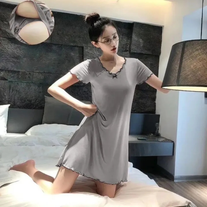 Pajamas%20Women's%20Summer%20One-Piece%20Short-Sleeved%20Dress%20with%20Chest%20Pad%20Mid-Length%20Student%20Cute%20Loungewear%20Can%20Be%20Worn%20outside%20-%20Image%203