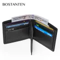 【ZIME】Bostanten Men's Cow Leather Bifold Wallet with Deluxe  Flip Pocket (Black). 