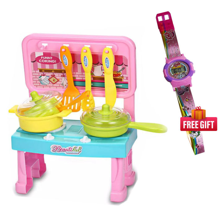 2 in 1 Exculusive Offer Free Gift Kids Watch & Mini Kitchen Set For Kids Music Light Cooking Toy Set Girls Kitchen Play Toys