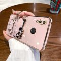For Huawei Y7 2019 / Y7 Prime 2019 Back Cover with Cute Cat Makeup Mirror Stand Bracket Luxury 6D Plating Square Frame Phone Case Shiny Holder Soft Silicone Protective Cases Pouch Girls. 