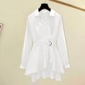 M-4XL Women's Shirt Lapel V Neck Long Sleeves Irregular Hem Plus Size Waist Tight Adjustable Belt Pullover Shirt Clothing. 