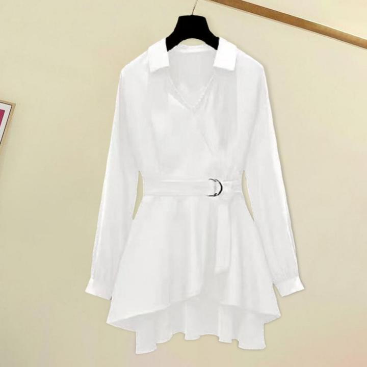 M-4XL%20Women's%20Shirt%20Lapel%20V%20Neck%20Long%20Sleeves%20Irregular%20Hem%20Plus%20Size%20Waist%20Tight%20Adjustable%20Belt%20Pullover%20Shirt%20Clothing%20-%20Image%204